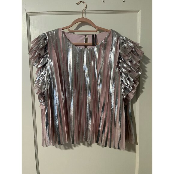 NWOT By Anthropologie Flutter-Sleeve Foil Pleated Top - Picture 4 of 9